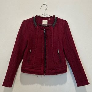Rebecca Taylor Bordeaux Red Tweed and Leather Blazer Jacket Size 4
